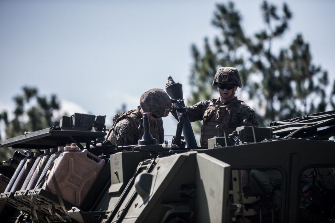 U.S. Marine Corps Pfc. Zachary Bergman, gunner, and Lance Cpl. Josh Lloyd, assistant gunner, both with 2nd Light Armored Reconnaissance Battalion, 2nd Marine Division, drop an 81mm mortar during a live-fire and movement exercise on Camp Lejeune, North Carolina, Oct. 7, 2020. This training allowed Marines to increase combat readiness in basic individual action and fire team tasks by executing call for fire missions and patrols. (U.S. Marine Corps photo by Cpl. Margaret Gale)