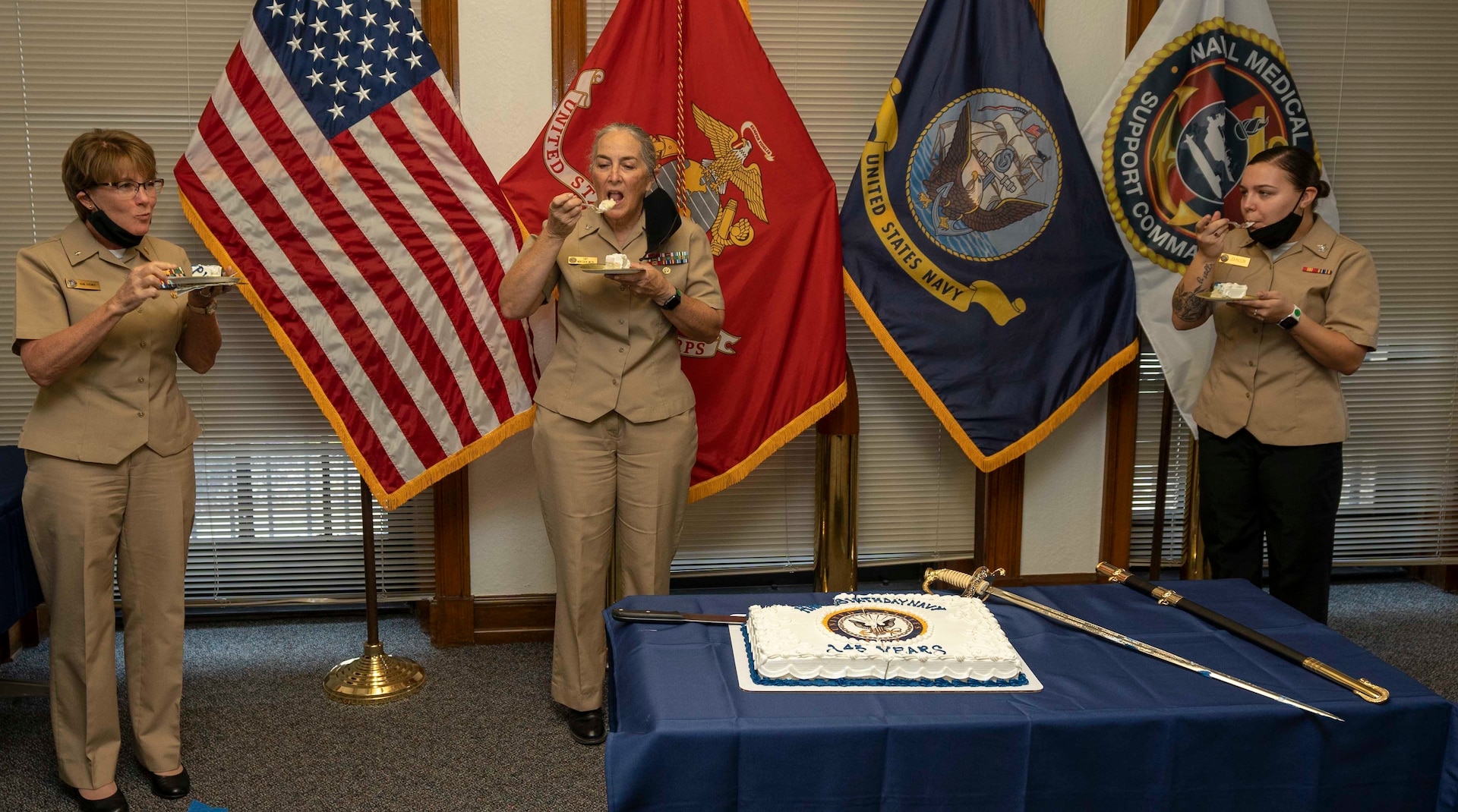 NMFSC held a virtual Navy birthday ceremony, which included a physically distanced ceremony, playing of birthday messages and limited attendance.