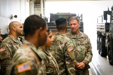 Soldiers assigned to 1st Armored Division learn about the importance of strong and trustworthy leadership from Gen. James C. McConville during his visit to Fort Bliss, Texas, July 22, 2019.