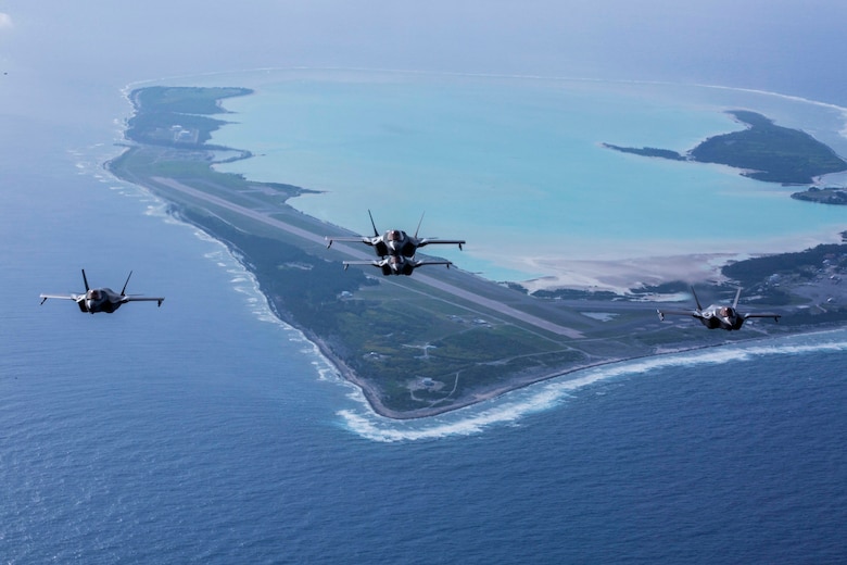 F-35B Lightning IIs with Marine Fighter Attack Squadron 211, the Wake Island Avengers, 13th Marine Expeditionary Unit (MEU), fly over Wake Island