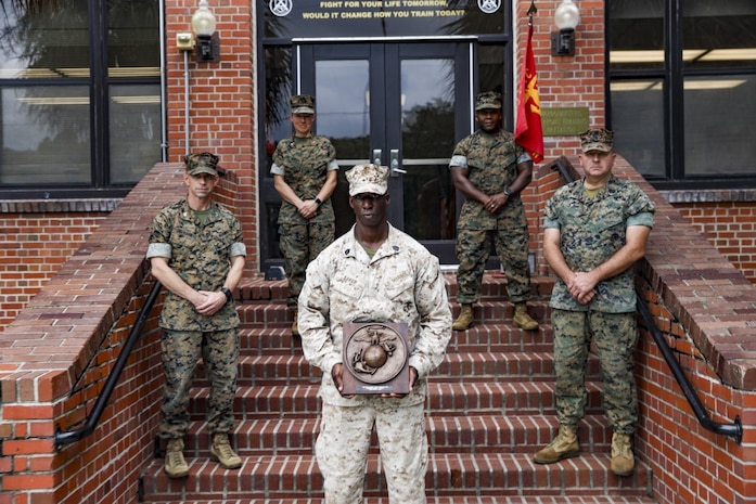 Gunnery Sgt. Nathaniel Baker with Weapons and Field Training Battalion was awarded the Gunnery Sgt. Carlos N. Hathcock II award on Marine Corps Recruit Depot Parris Island, S.C., Sept. 30, 2020. Baker was awarded for his performance while serving as the Hue City Range Officer-in-Charge in 2019.
