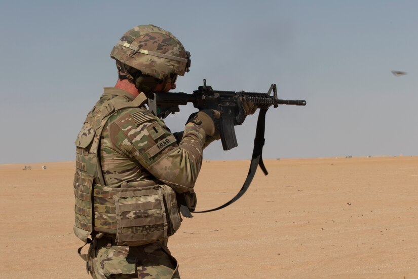 Task Force Spartan Soldiers fire their weapons during a marksmanship competition in the Central Command Area of Responsibility on Oct. 07, 2020. The Soldiers participated in the first annual Task Force Spartan Small Arms Marksmanship Competition. (U.S. Army photo by Sgt. Trevor Cullen)