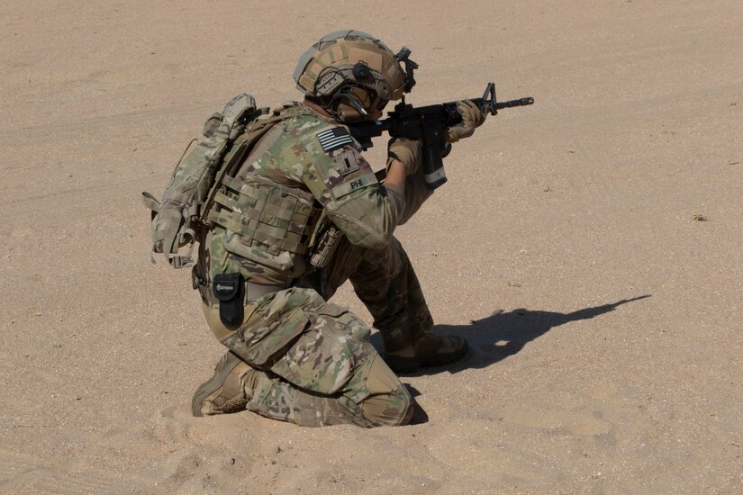 Task Force Spartan Soldiers fire their weapons during a marksmanship competition in the Central Command Area of Responsibility on Oct. 07, 2020. The Soldiers participated in the first annual Task Force Spartan Small Arms Marksmanship Competition. (U.S. Army photo by Sgt. Trevor Cullen)