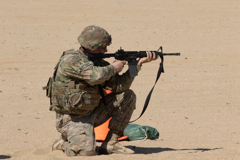 Task Force Spartan Soldiers fire their weapons during a marksmanship competition in the Central Command Area of Responsibility on Oct. 07, 2020. The Soldiers participated in the first annual Task Force Spartan Small Arms Marksmanship Competition. (U.S. Army photo by Sgt. Trevor Cullen)