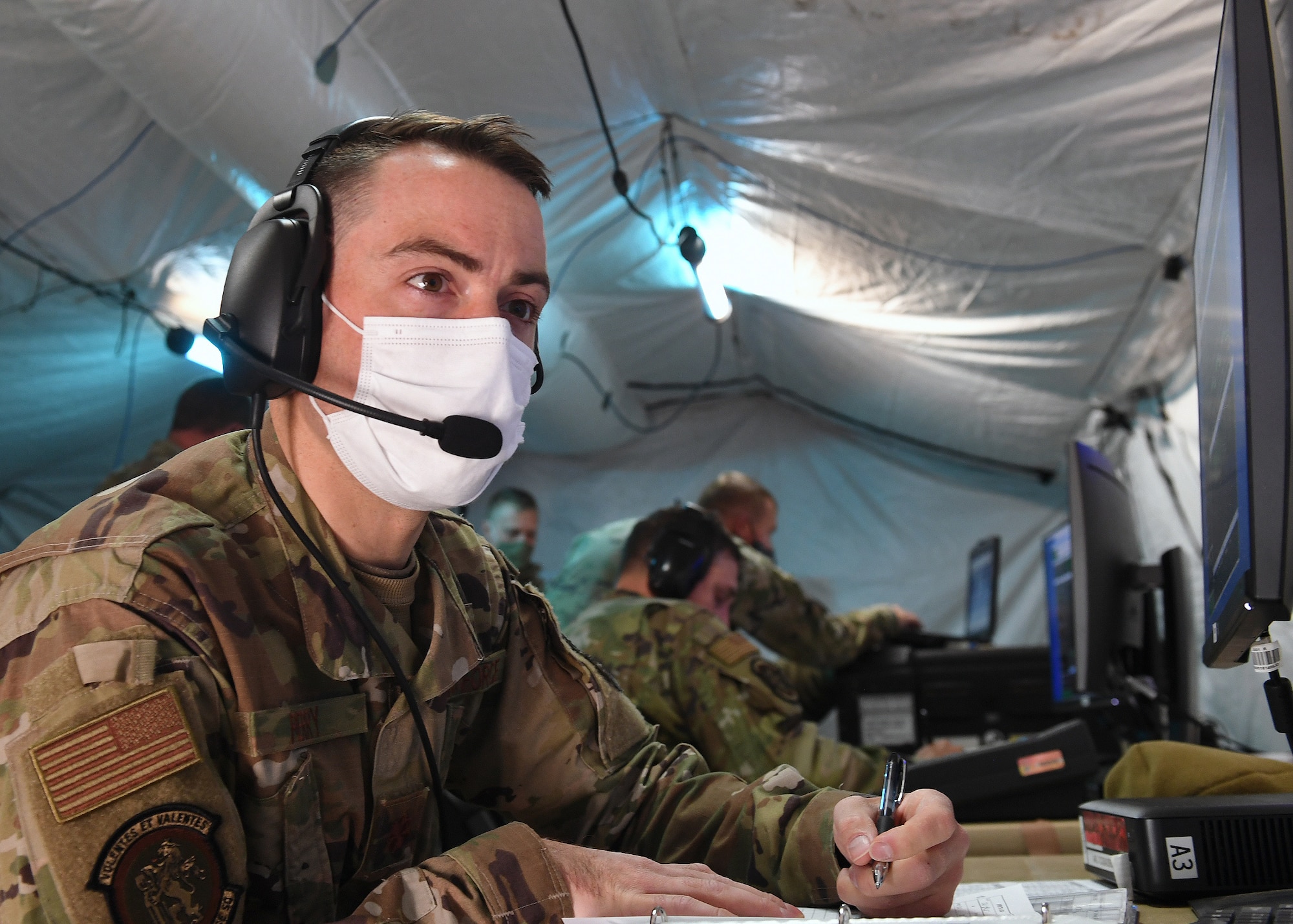 Maj. Dominic Perry, 379th Space Range Squadron, is Range Controlling during his first shift of Space Range Operations during the 379th SRS Field Training Exercise, Sept. 10-13, 2020, at the United States Air Force Academy's Field Engineering Readiness Laboratory, Colorado. (U.S. Air Force photo by Dennis Rogers)