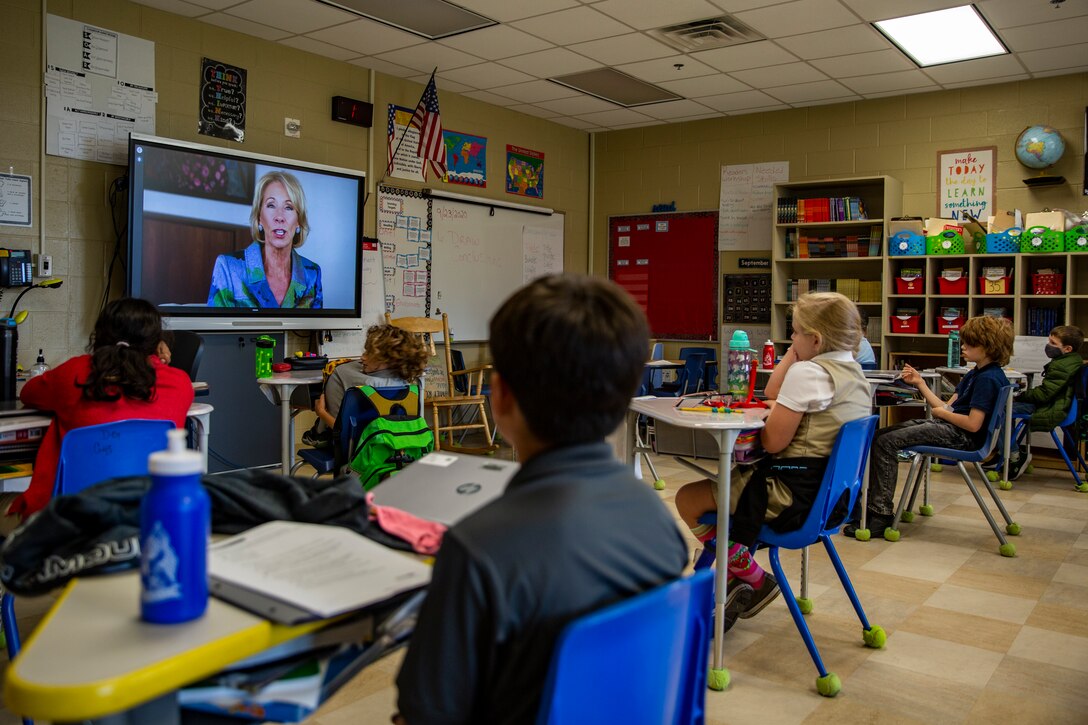 Students at Heroes Elementary School watch a virtual ceremony awarding schools across the country the 2020 National Blue Ribbon School on Marine Corps Base Camp Lejeune, North Carolina, Sept. 24, 2020. The United States Department of Education awards the National Blue Ribbon to schools that have shown a tremendous amount of academic excellence and improvement. (U.S. Marine Corps photo by Lance Cpl. Christian Ayers)