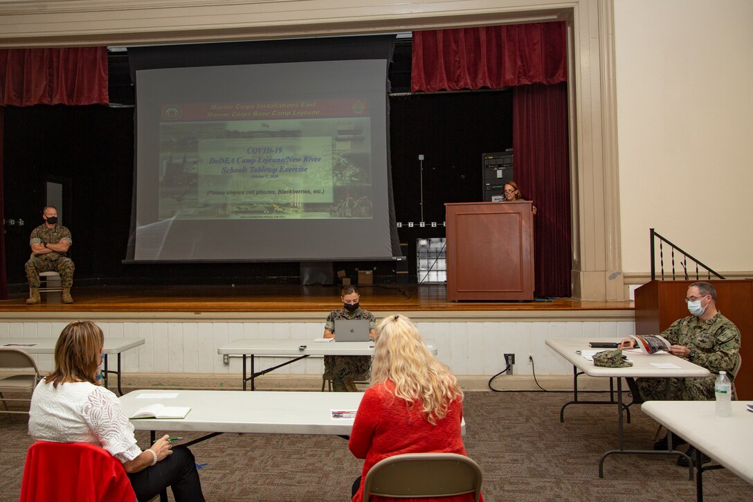 Officials and educators from Marine Corps Base Camp Lejeune and neighboring counties meet for a table top exercise at the Russell Marine and Family Services Center on MCB Camp Lejeune, North Carolina, Oct. 6, 2020. Camp Lejeune hosted the table top exercise to examine possible COVID-19 scenarios and impacts on the local Department of Defense Educational Activity (DoDEA) school system and surrounding community schools.  While this table top exercise highlighted lessons learned and specific implications for DoDEA schools, there will likely be value for schools in the surrounding communities to create similar COVID-19 scenarios across local educational activities. (U.S. Marine Corps Photo by Cpl. Ginnie Lee)