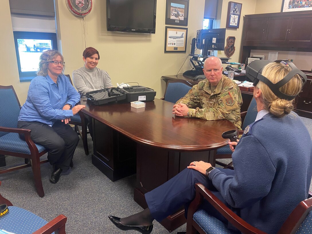 8 October 2020

Virtual Suicide Prevention Training  
Col. Thomas Pemberton, Commander, 514th Air Mobility Wing and Chief Master Sgt. Dana Capaldi, Command Chief, 514th Air Mobility Wing, join violence prevention coordinators Janice Doss and Kerri Schoonmaker of the 87th Air Base Wing at Joint Base McGuire-Dix-Lakehurst, N.J., to test out new suicide prevention virtual reality devices.  

This state of the art training will help bring real life scenarios directly to service members.