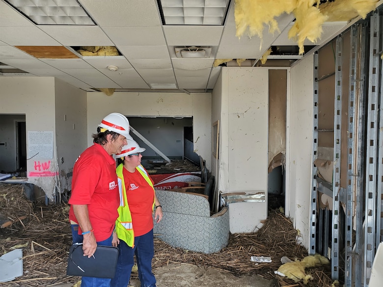 IN THE PHOTO, members of the Infrastructure Assessment Planning and Response Team assess an area damaged by Hurricane Laura in southwestern Louisiana. The Corps evaluated a total of 52 fire stations, 53 water and wastewater facilities, and one hospital while deployed to Louisiana. (Courtesy photo)
