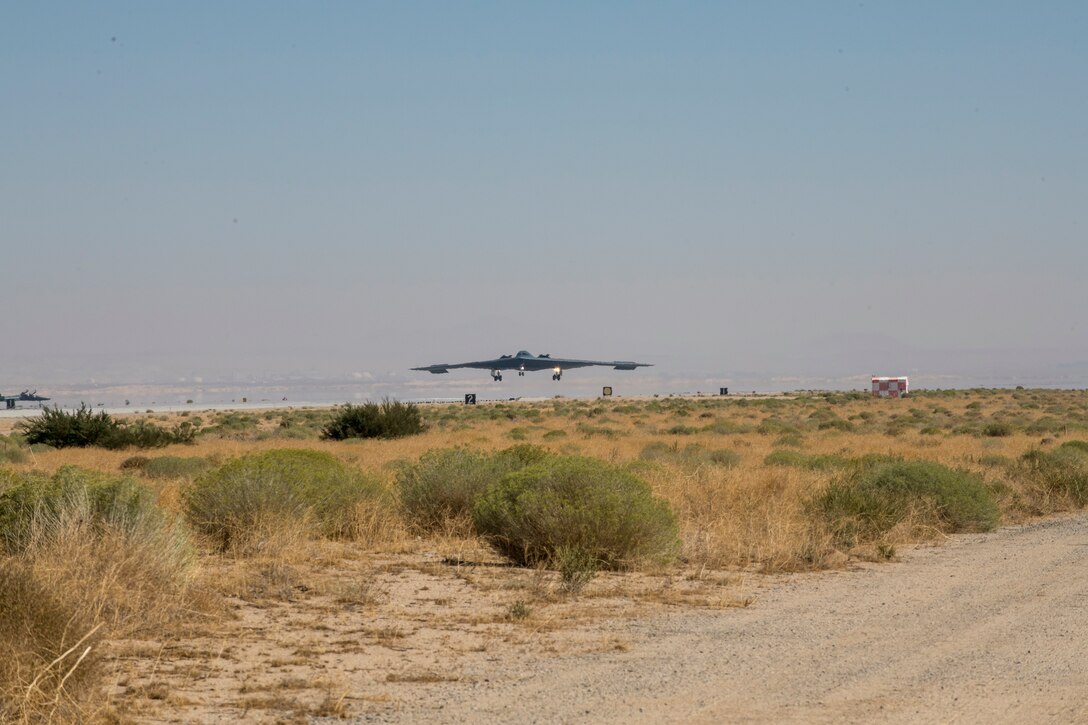The “Spirit of Pennsylvania” B-2 bomber arrives at Edwards Air Force Base, California, Oct. 2. The aircraft recently finished a programmed depot maintenance (PDM) at the Northrop Grumman at nearby Plant 42. "The Pennsylvania" is now assigned to the 419th Flight Test Squadron, as a member of the Global Power Combined Test Force, where it will be the base’s new test platform for B-2 flight testing. (Air Force photo by Giancarlo Casem)