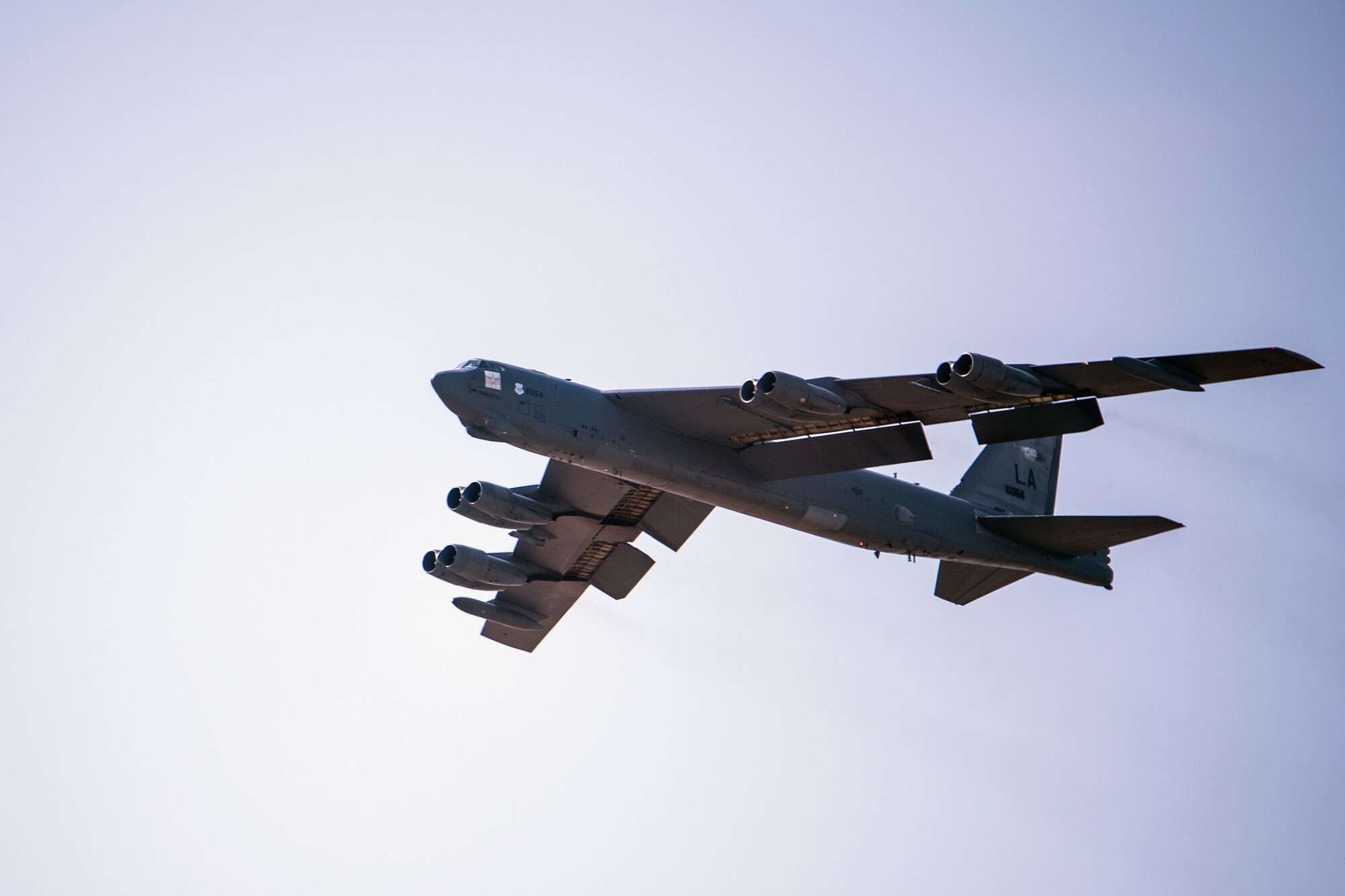A B-52H Stratofortress from Barksdale Air Force Base, Louisiana, prepares to land, Aug. 26, 2020, at Minot Air Force Base, North Dakota. As the only other B-52 base, Minot has considerable infrastructure and support to ensure the Air Force Global Strike Command mission is not impacted.