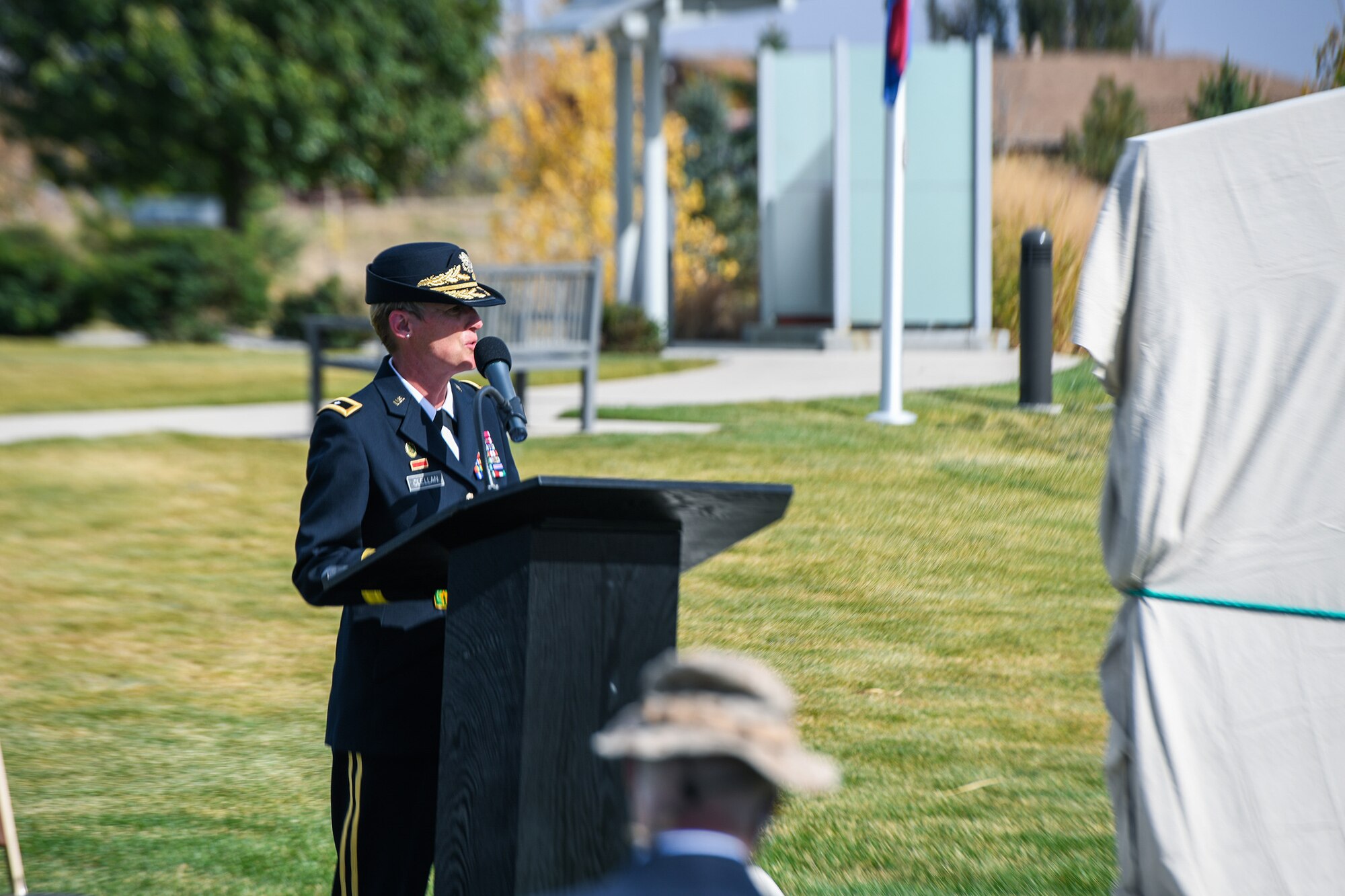 U.S. Army Brig. Gen. Laura Clellan, the Adjutant General of Colorado, gives a speech before the unveiling of the Gold Star Families Memorial Monument Oct. 14, 2020, at the Colorado Freedom Memorial in Aurora, Colo.