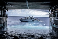 Patrol Boat (PB) Mk VI assigned to Commander, Task Force 75 (CTF 75) disembarks amphibious dock landing ship USS Comstock (LSD 45) in preparation for PB Mk VI integration. Maritime Expeditionary Security Force and Explosive Ordnance Disposal Mobile Unit Sailors assigned to Commander, Task Force 75 (CTF 75) embarked and are conducting integrated littoral maritime security operations from the amphibious dock landing ship USS Comstock (LSD 45) with the Marines and Sailors already deployed as Task Force Ellis from I Marine Expeditionary Force.