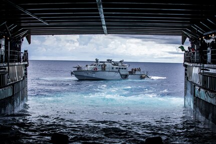 Patrol Boat (PB) Mk VI assigned to Commander, Task Force 75 (CTF 75) disembarks amphibious dock landing ship USS Comstock (LSD 45) in preparation for PB Mk VI integration. Maritime Expeditionary Security Force and Explosive Ordnance Disposal Mobile Unit Sailors assigned to Commander, Task Force 75 (CTF 75) embarked and are conducting integrated littoral maritime security operations from the amphibious dock landing ship USS Comstock (LSD 45) with the Marines and Sailors already deployed as Task Force Ellis from I Marine Expeditionary Force.