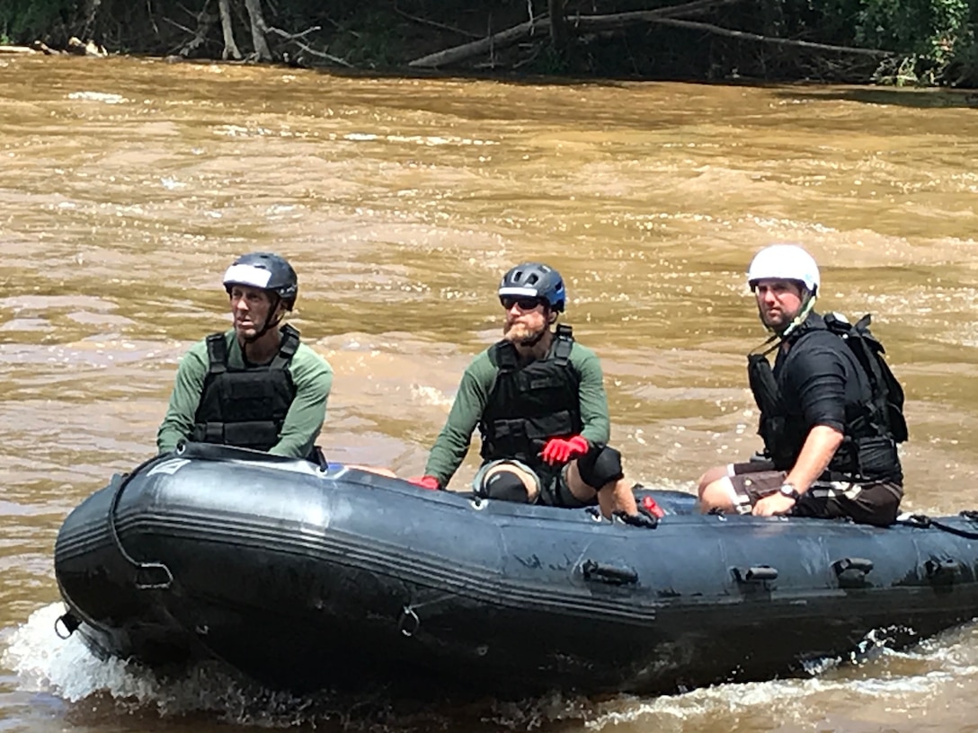 Duplin County Sheriff’s Department deputies perform swift water training to prepare for future emergencies using inflatable boats previously acquired from DLA Disposition Services at Camp Lejeune, North Carolina.