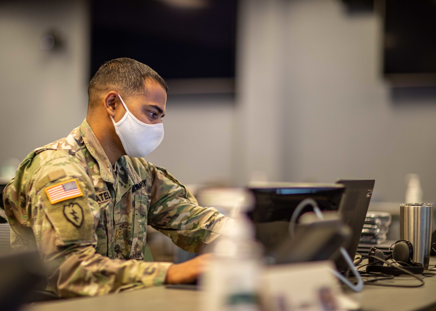 U.S. Army Maj. Ashish Patel, the chief of current operations assigned to Joint Task Force Civil Support (JTF-CS), manages operations in the joint operation center at JTF-CS headquarters in support of Exercise KODA, Oct. 15, 2020.