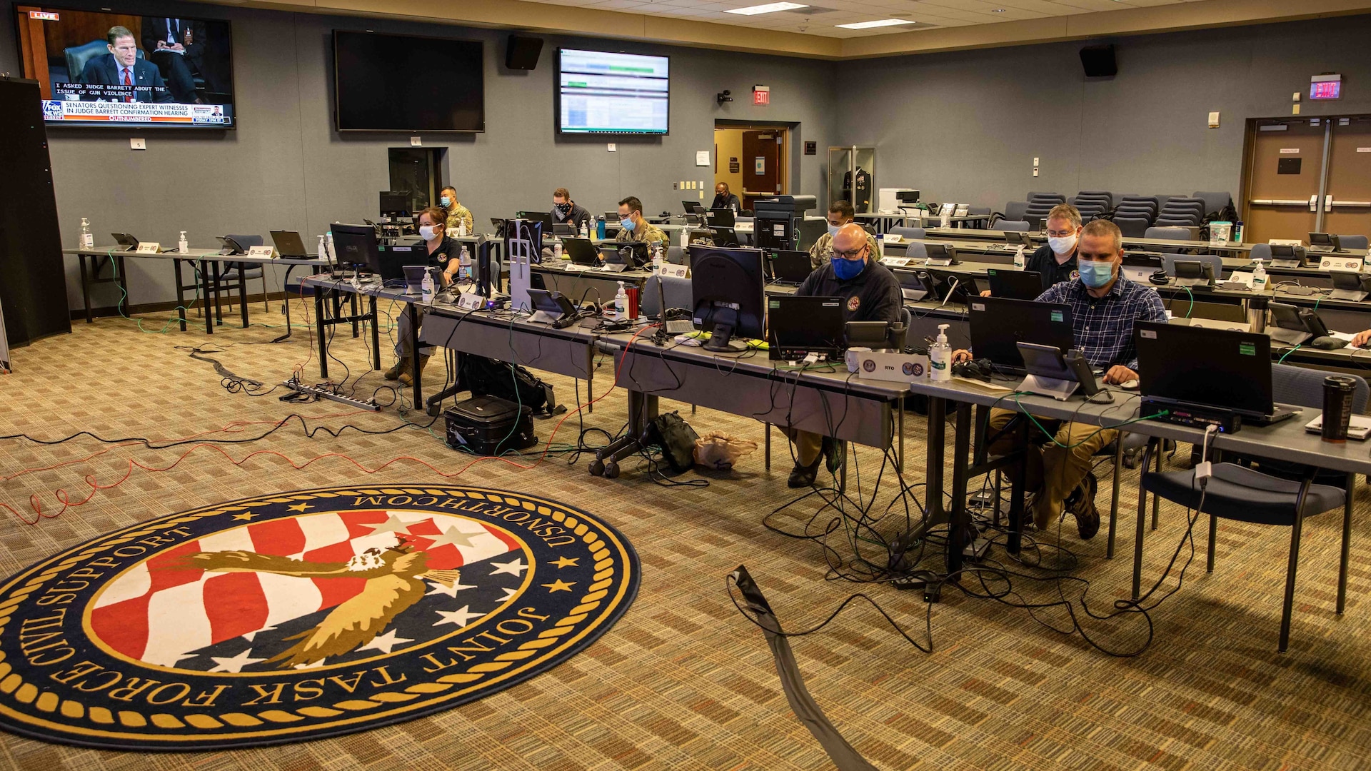 Joint Task Force Civil Support (JTF-CS) personnel in the joint operations center at JTF-CS headquarters respond to a simulated scenario as part of Exercise KODA, Oct. 15, 2020.