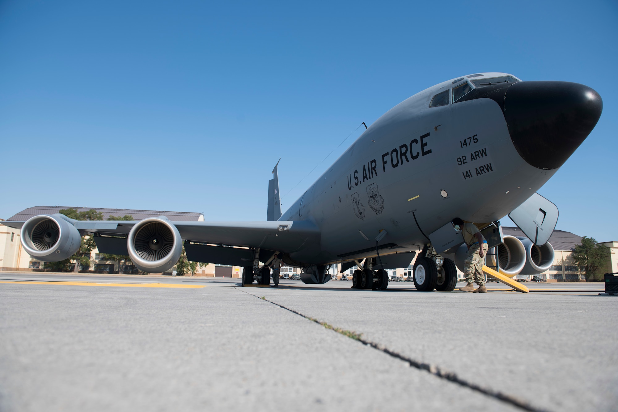 A KC-135 Stratotanker is prepared for take-off prior to an air refueling mission at Fairchild Air Force Base, Washington, July 29, 2020. After implementing Project Tesseract’s Theory of Constraints and Continuous Process of Improvement tools on every aspect of maintenance from a strategic scale, Team Fairchild was able to streamline maintenance inspections to produce 1,600 aircraft availability days for the 63 KC-135 Stratotanker fleet. (U.S. Air Force photo by Senior Airman Lawrence Sena)
