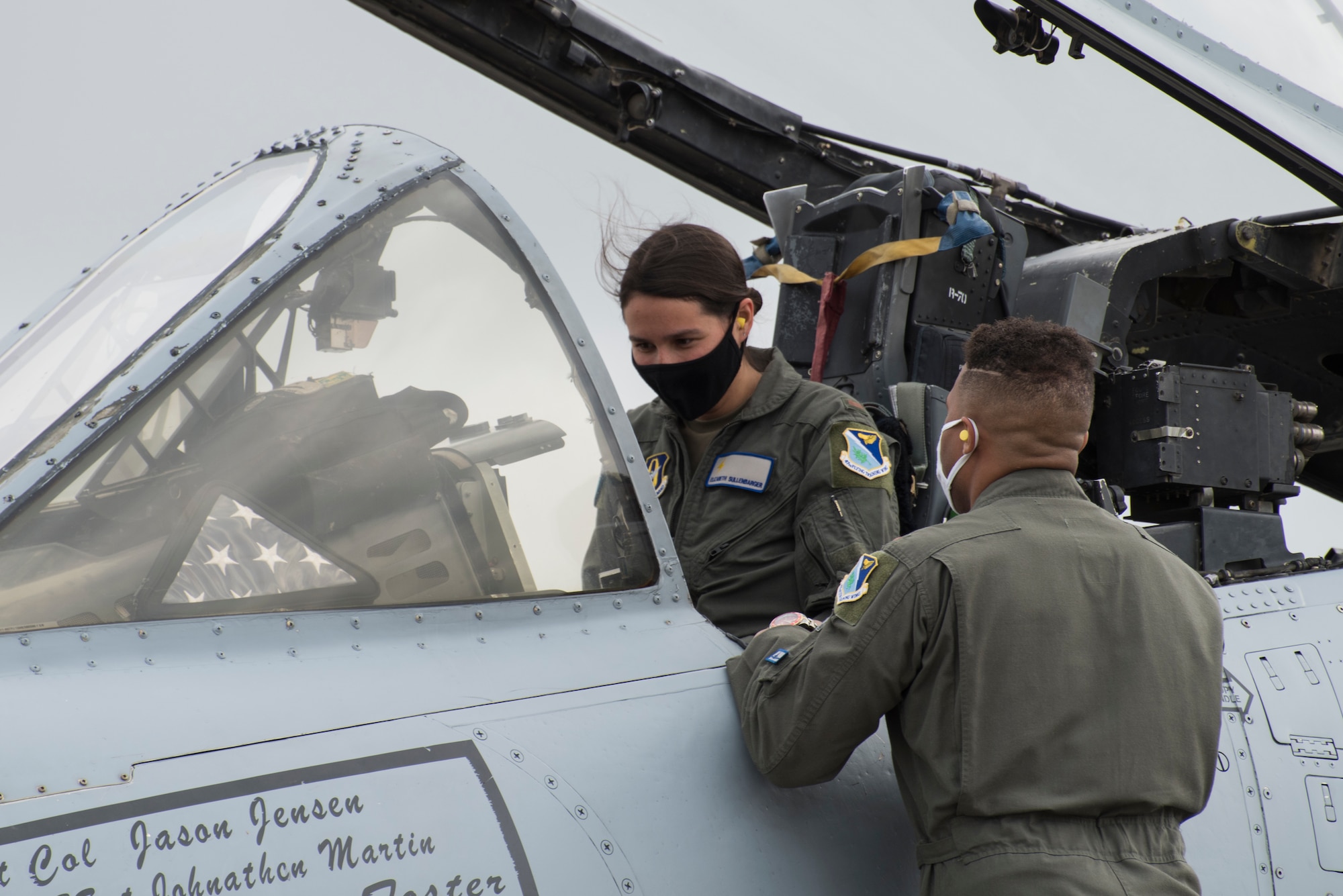 Two 47th Student Squadron students get a hands-on feel for the A-10 Thunderbolt II, from the A-10 Demonstration Team, Davis-Monthan Air Force Base, Ariz., on Oct. 13, 2020, at Laughlin Air Force Base, Texas. Members of Team XL said they greatly appreciated the fighters thinking of them and coming down to give them a demo, capabilities briefing, and a chance to see what being a fighter pilot is like. (U.S. Air Force photo by Senior Anne McCready)