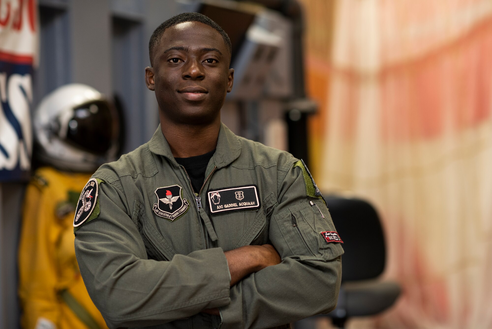 Airman 1st Class Gaddiel Acquaah, a 47th Operations Support Squadron aerospace physiology technician, poses for a photo at Laughlin Air Force Base, Texas, Oct. 2, 2020. Acquaah plays an important role in Laughlin’s mission of training future combat aviators. He instructs pilots and aircrew members on how to expertly handle any in-flight emergencies and teaches them the physiological effects flying has on their bodies. (U.S. Air Force photo by Senior Airman Marco A. Gomez)