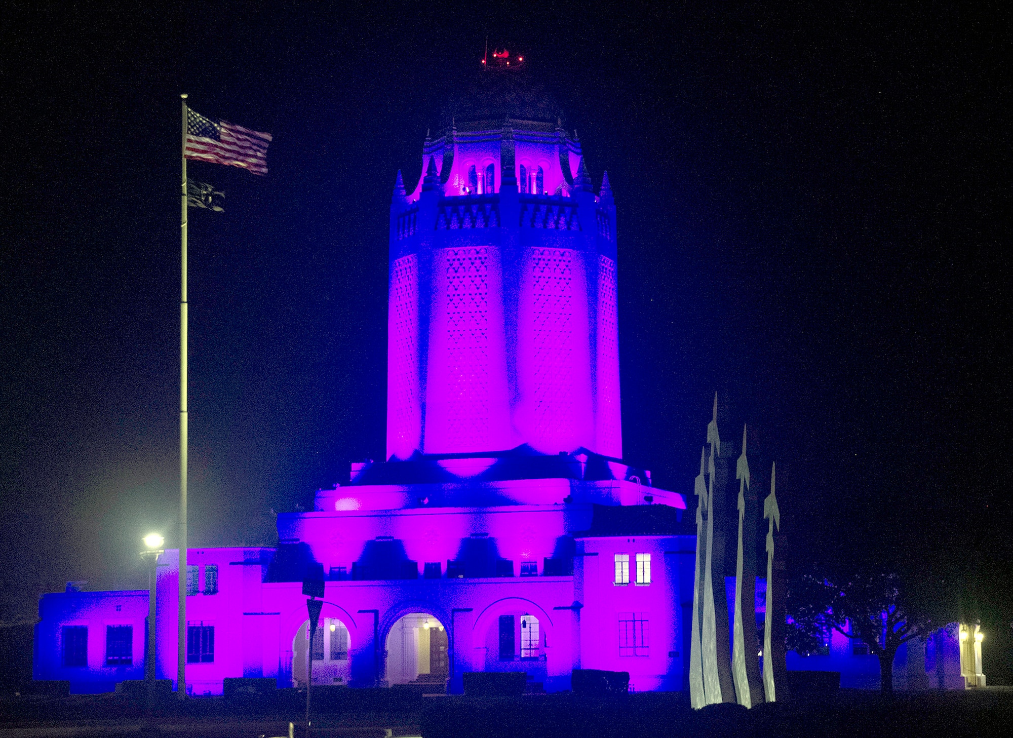 Joint Base San Antonio-Randolph shows support for Domestic Violence Awareness Month by lighting the Taj Mahal purple Oct. 16, 2020.