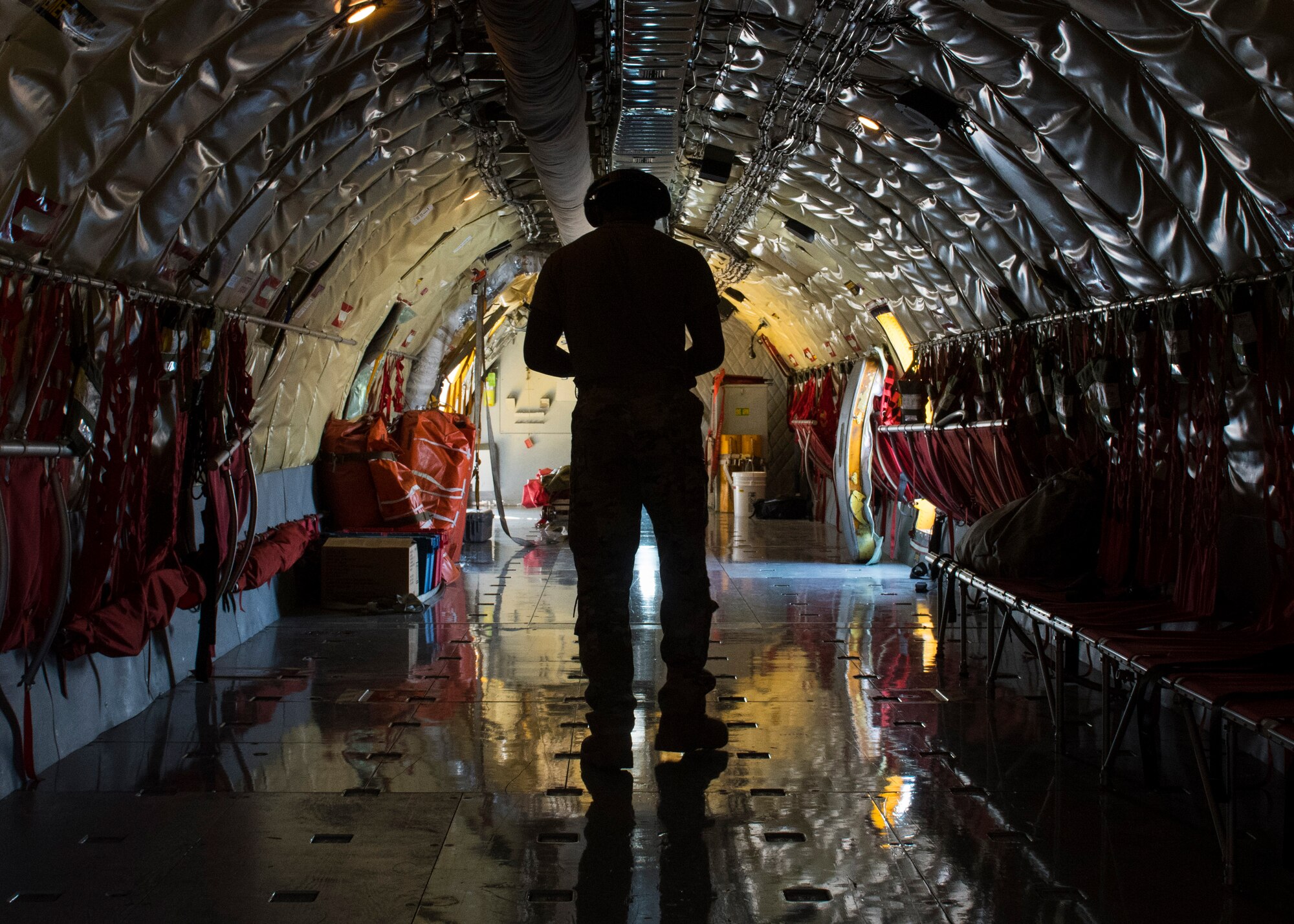 U.S. Air Force Airman 1st Class Jaden Allen, 92nd Air Refueling Squadron boom operator, performs a pre-flight check on a KC-135 Stratotanker at Fairchild Air Force Base, Washington, July 29, 2020. Team Fairchild’s success in the implementation of Theory of Constraints and Continuous Process of Improvement tools set the standard for Project Tesseract’s success at other wings throughout the Air Force, and further enabled Fairchild Airmen to continue to innovate and solve the problems they know best. (U.S. Air Force photo by Senior Airman Lawrence Sena)