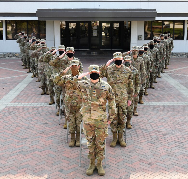 Field Grade Officers assigned to Vandenberg Air Force Base prepare to commission into the United States Space Force prior to the USSF FGO Induction Ceremony Oct. 16, 2020, at Vandenberg AFB, Calif.