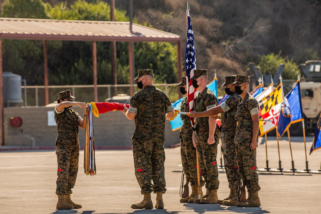 Lt. Col. Jonathan Peterson, commanding officer of 1st Landing Support Battalion dawn the colors during 1st LSB's activation ceremony.