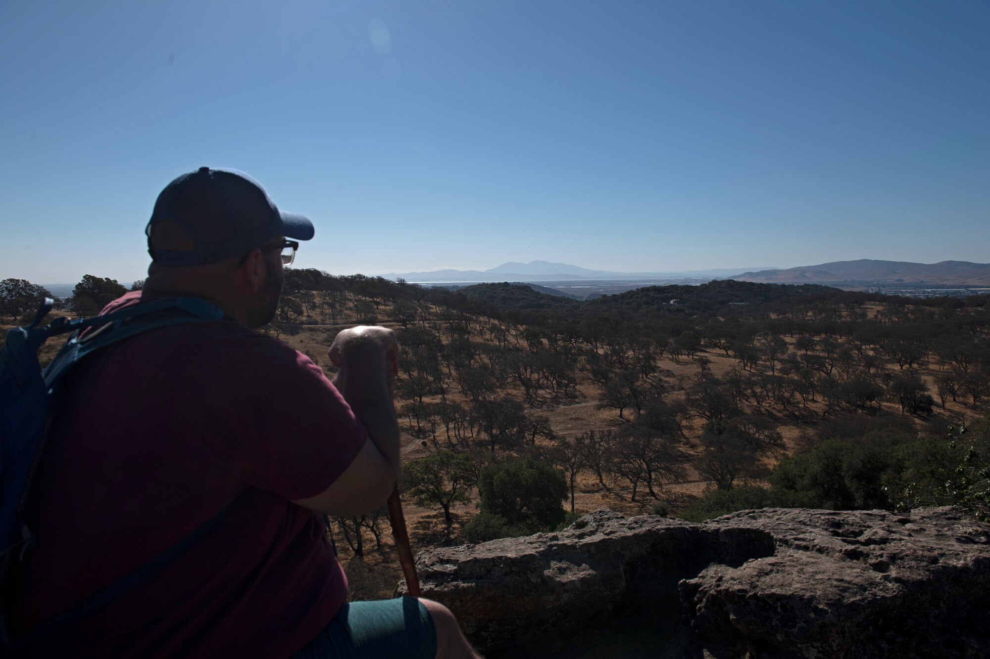 A man stares off into the woods during a hike.