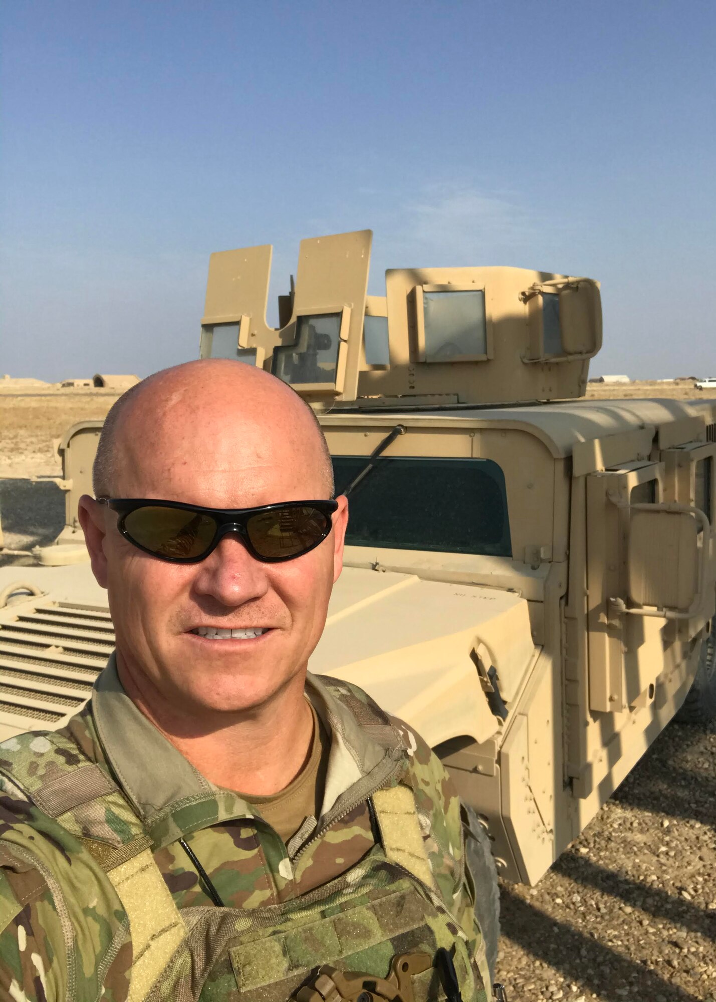 Senior Master Sgt. Rick Johnson, 69th Aerial Port Squadron operations flight chief, poses for a photo while on deployment to Baghdad, Iraq. Johnson was recently awarded the Bronze Star and Air Force Commendation Medal for his heroic efforts and meritorious achievement while deployed in support of Operation Inherent Resolve. (Courtesy Photo)