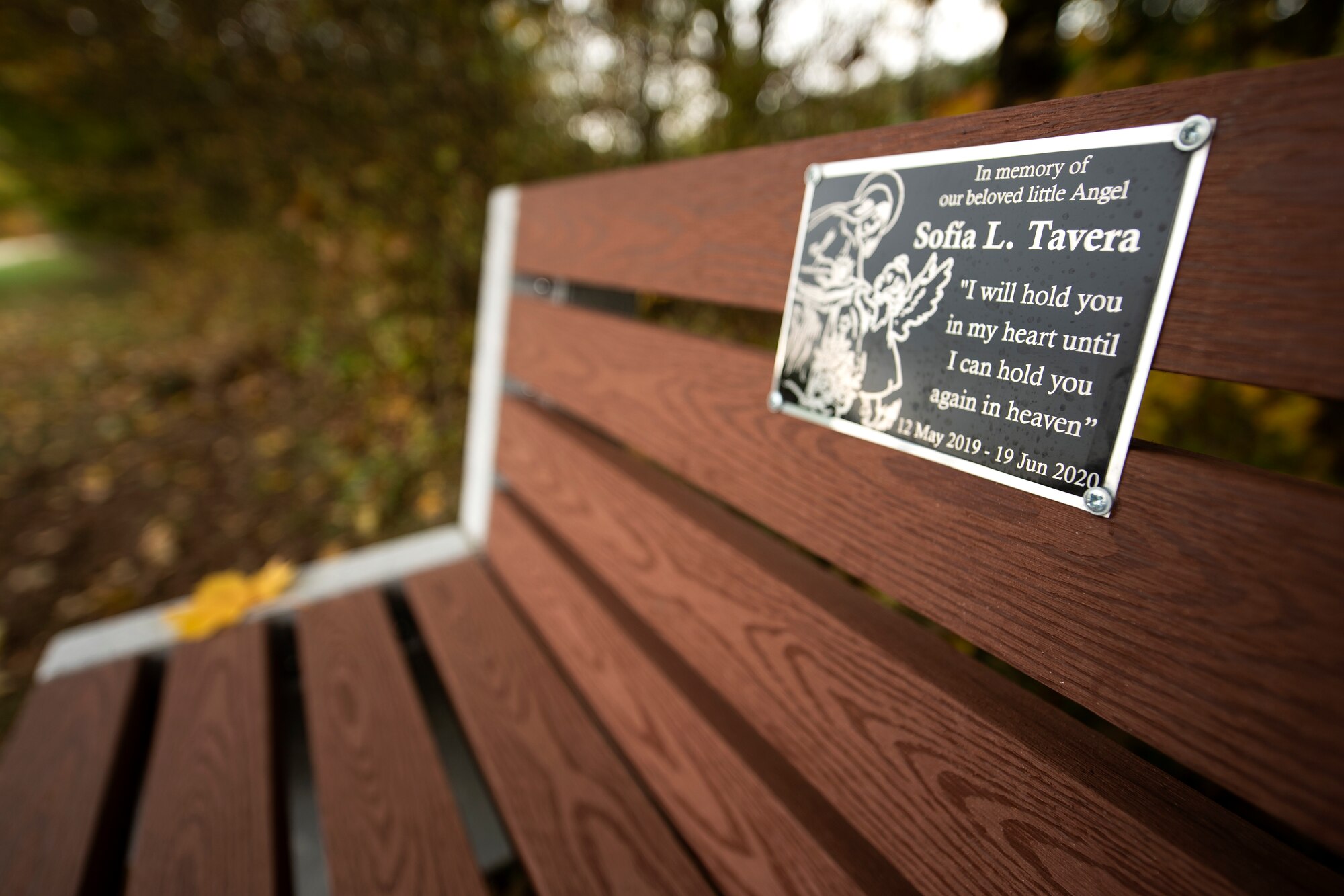 A memorial bench dedicated to Sofia Tavera, a 1-year-old girl who passed away in June 2020, is placed overlooking a field in Binsfeld, Germany, Oct. 16, 2020. The Taveras coordinated with the 52nd Fighter Wing Community Relations office, who coordinated with the Binsfeld town council to approve having the bench installed in the town outside of Spangdahlem Air Base, Germany’s perimeter.(U.S. Air Force photo by Tech. Sgt. Maeson L. Elleman)