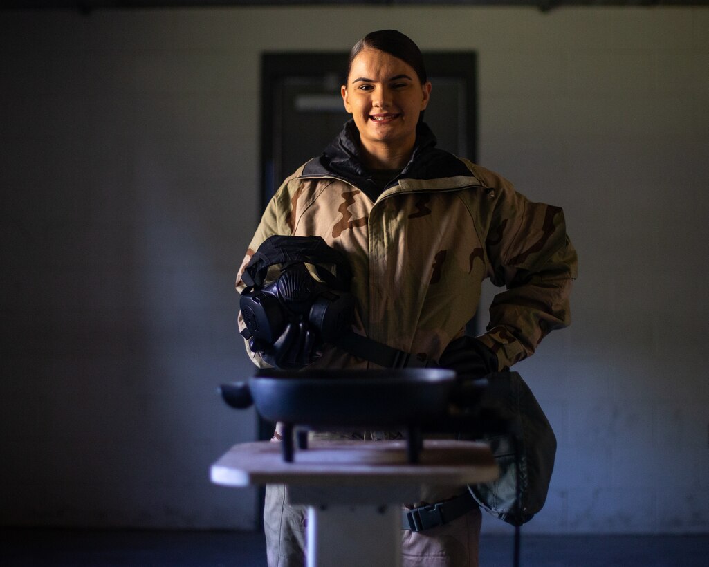 Lance Cpl. Haily N. Ellis, a chemical, biological, radiological and nuclear defense specialist with Marine Wing Headquarters Squadron 2, 2nd Marine Aircraft Wing, stands inside the gas chamber at Marine Corps Air Station Cherry Point, N.C., October 15, 2020. "Find someone you think is successful and work harder than they do," said Ellis, a Douglas, Ga., native. According to her leadership, Ellis has taken every opportunity to better herself and her peers, as well as being a strong leader and motivator of Marines. (U.S. Marine Corps photo by Lance Cpl. Elias E. Pimentel III)