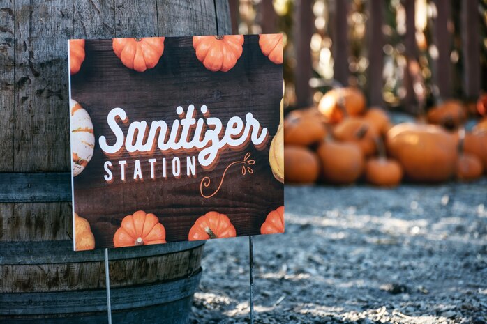 A sign in a pumpkin patch promotes a Sanitizer Station