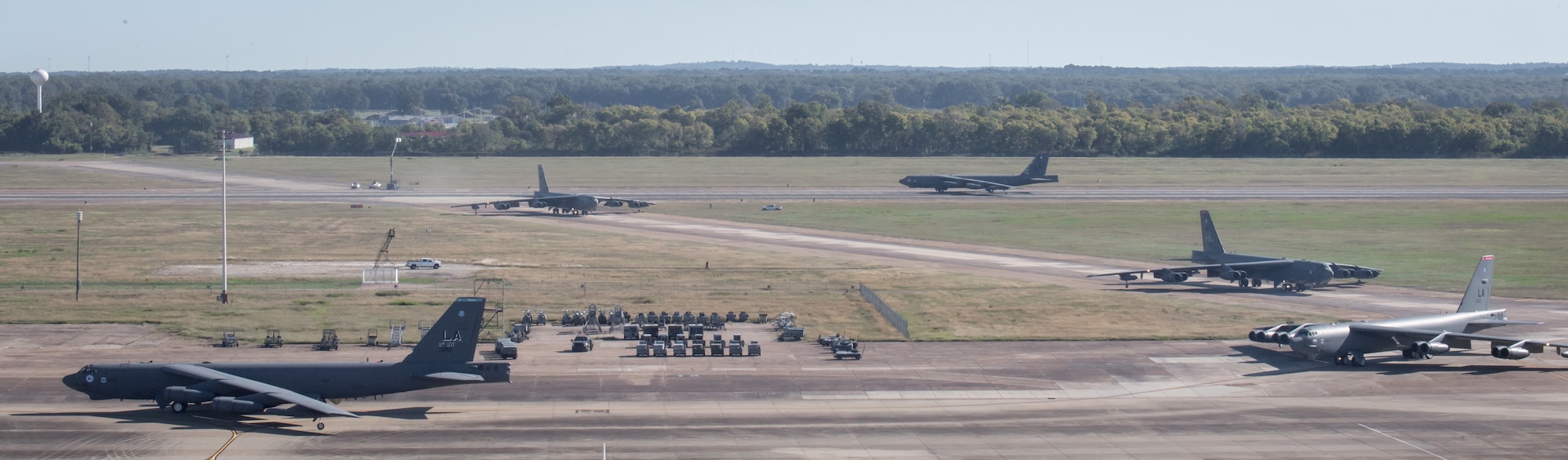 B-52H Stratofortresses from the 2nd Bomb Wing maneuver along the runway at Barksdale Air Force Base, La., Oct. 14, 2020.