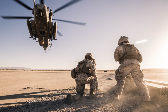 U.S. Marines conduct helicopter support team training during Integrated Training Exercise 1-21 at Marine Air Ground Combat Center Twentynine Palms, Calif., Oct. 13.