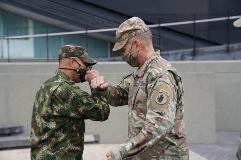 Maj. Gen. Daniel Walrath, U.S. Army South commander, meets with Gen. Eduardo E. Zapateiro, National Army of Colombia commander, on Oct. 5 in Bogota, Colombia. "His visit strengthens the ties of cooperation and brotherhood between both institutions, strengthening the partnership based on interoperability and training," said Zapaterio. U.S. Army South engagements in the region reflect our enduring promise of friendship, partnership, and solidarity with our partners.