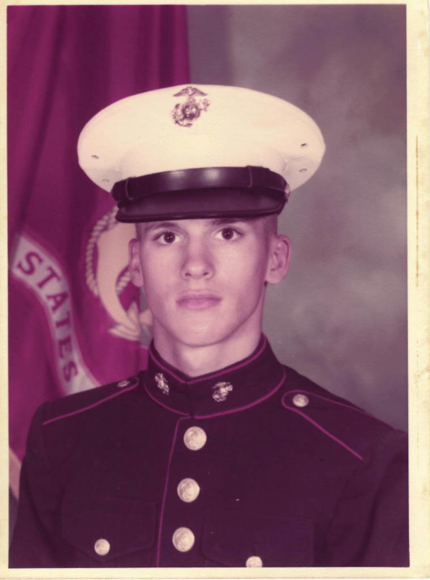 Pictured is then U.S. Marine Corps Private Michael Brown, who poses for a photo during recruit training in 1984. Currently, Brown is  serving in the Air National Guard at Naval Air Station Joint Reserve Base, Fort Worth, Texas, and recently deployed to the 435th Air Expeditionary Wing as a client systems craftsman.  (Courtesy photo)