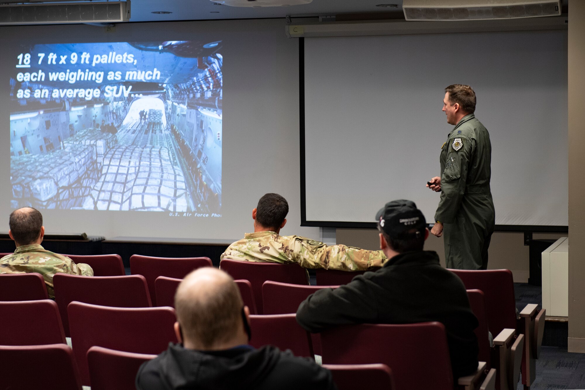 Lt. Col. Christopher Mazzei, commander of the 758th Airlift Squadron, briefs the load capacity of a C-17 Globemaster III during a 911th Operations Group open house event at the Pittsburgh International Airport Air Reserve Station, Pennsylvania, Oct. 2, 2020.