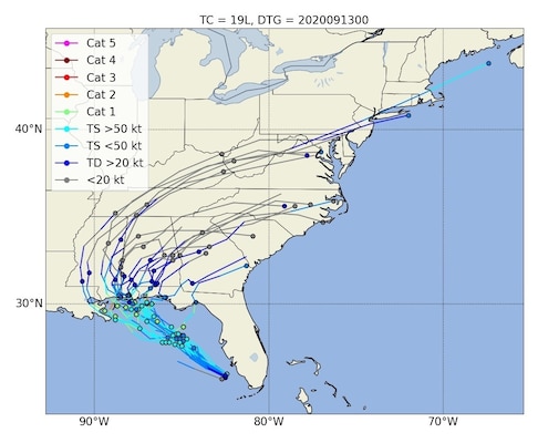 During Hurricane Sally, Fleet Numerical Meteorology and Oceanography Center (FNMOC) and Naval Research Laboratory Marine Meteorology Division (NRL MMD) use the Coupled Ocean/Atmosphere Mesoscale Prediction Systems-Tropical Cyclone (COAMPS-TC) ensemble, running in the Microsoft Azure cloud, to predict landfall of the hurricane along the Alabama/Florida border on Sept. 13.