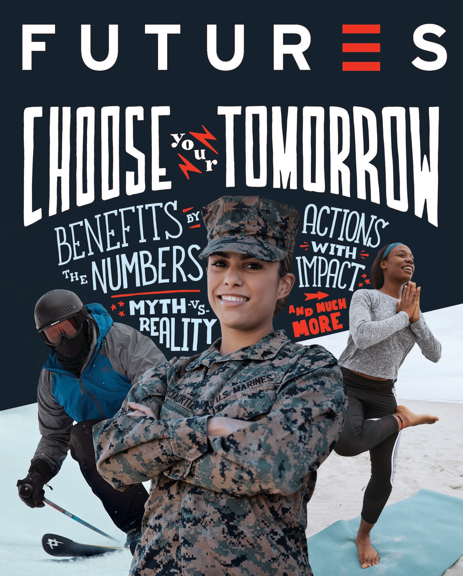 Graphic: front page of FUTURES 2020 Magazine with three photos of the Airmen featured in magazine.