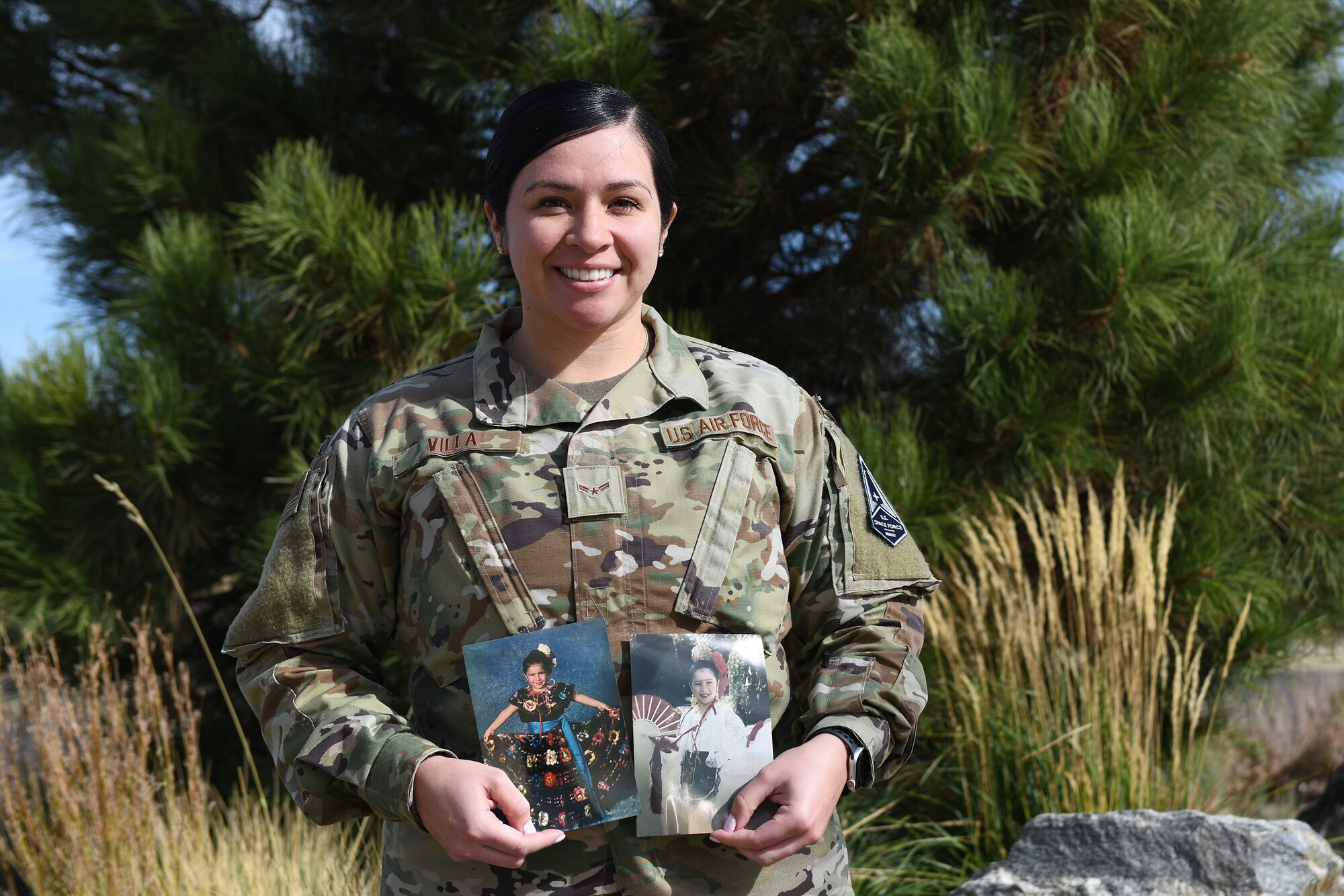 Airman 1st Class Malanie Villa, Buckley Garrison military justice paralegal, poses for a photo on Buckley Air Force Base, Colo. Villa lived in San Antonio her whole life before joining the military in 2019. While living in San Antonio, she participated in Folklorico dance for 19 years to teach her more about Hispanic culture from various regions of Mexico. (U.S. Space Force photo by Airman 1st Class Haley N. Blevins)