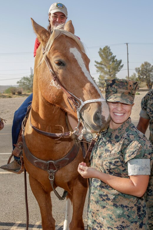 Sergeant Amy Polachek, stableman with the Marine Corps Mounted Color Guard, shares some affection with MCG horse, Ford, in front of the base gym, Semper Fit, aboard Marine Corps Logistics Base Barstow, California, Oct. 7.