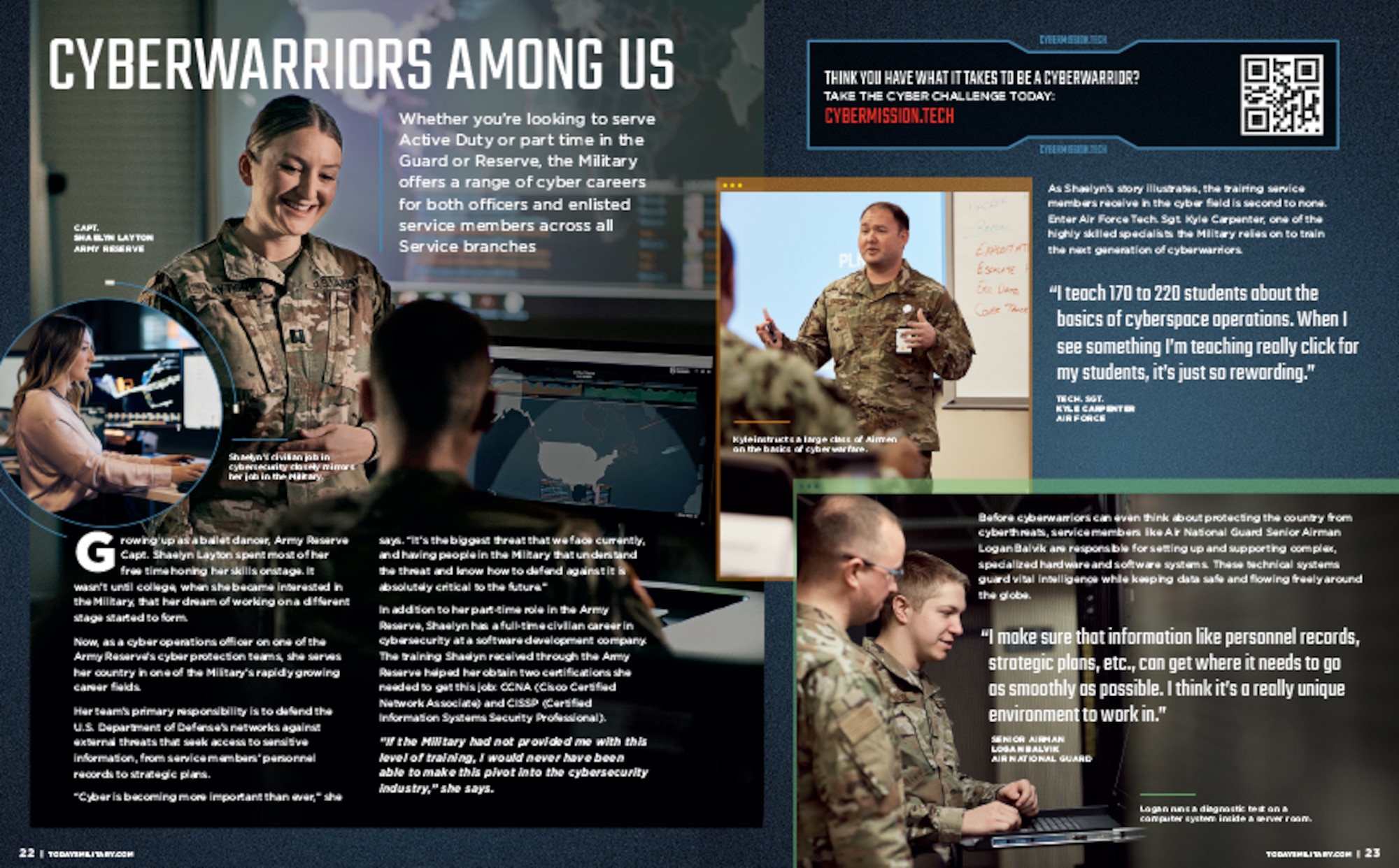 Graphic from two-page magazine spread with photos and wording describing cyberwarriors daily job requirements.