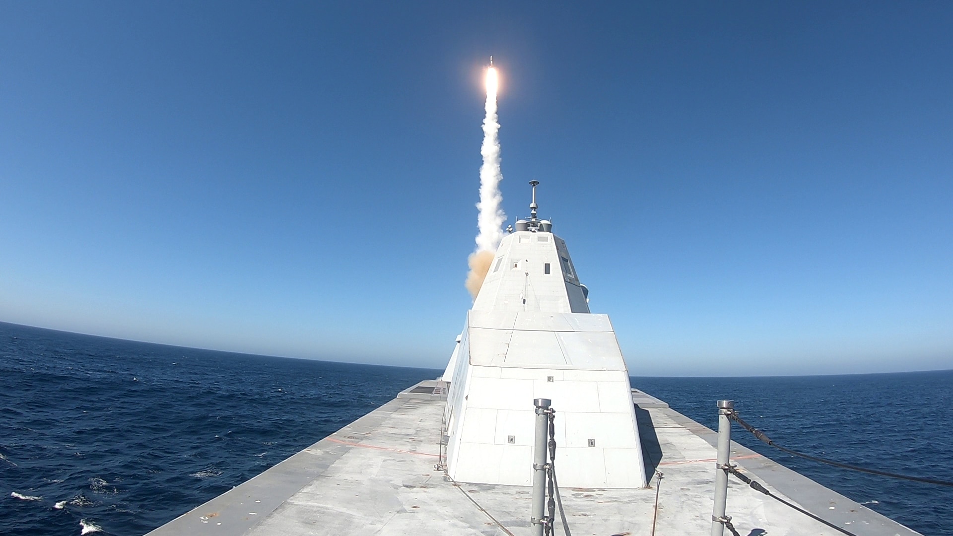 USS Zumwalt (DDG 1000) successfully executed the first live fire test of the MK 57 Vertical Launching System with a Standard Missile (SM-2)
