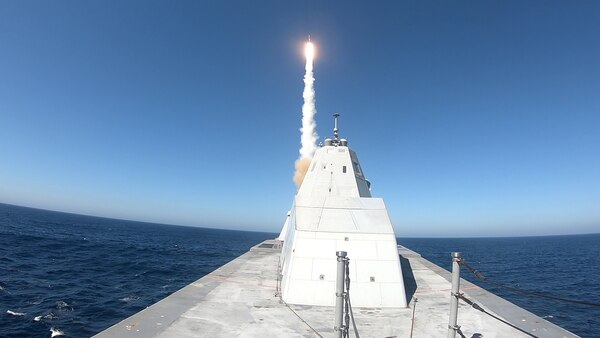 USS Zumwalt (DDG 1000) successfully executed the first live fire test of the MK 57 Vertical Launching System with a Standard Missile (SM-2)