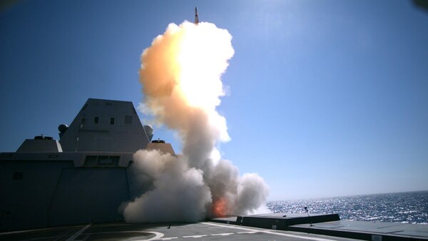 USS Zumwalt (DDG 1000) successfully executed the first live-fire test of the MK 57 Vertical Launching System with a Standard Missile (SM-2)