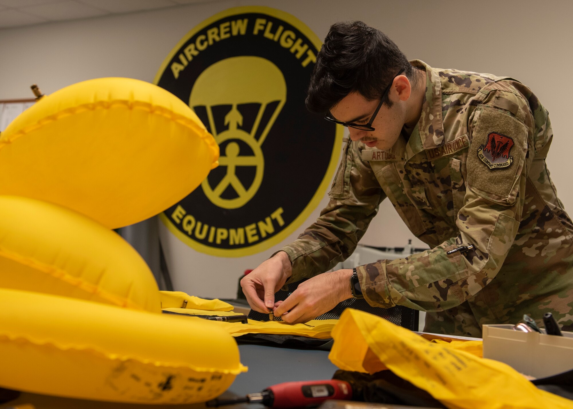 Airman 1st Class Jarred Artigue, 4th Operations Support Squadron aircrew flight equipment technician, completes a functional test of an LPU-38/P life preserver to make ensure it is compliant with flying standards at Seymour Johnson Air Force Base, North Carolina, Sept. 8, 2020.