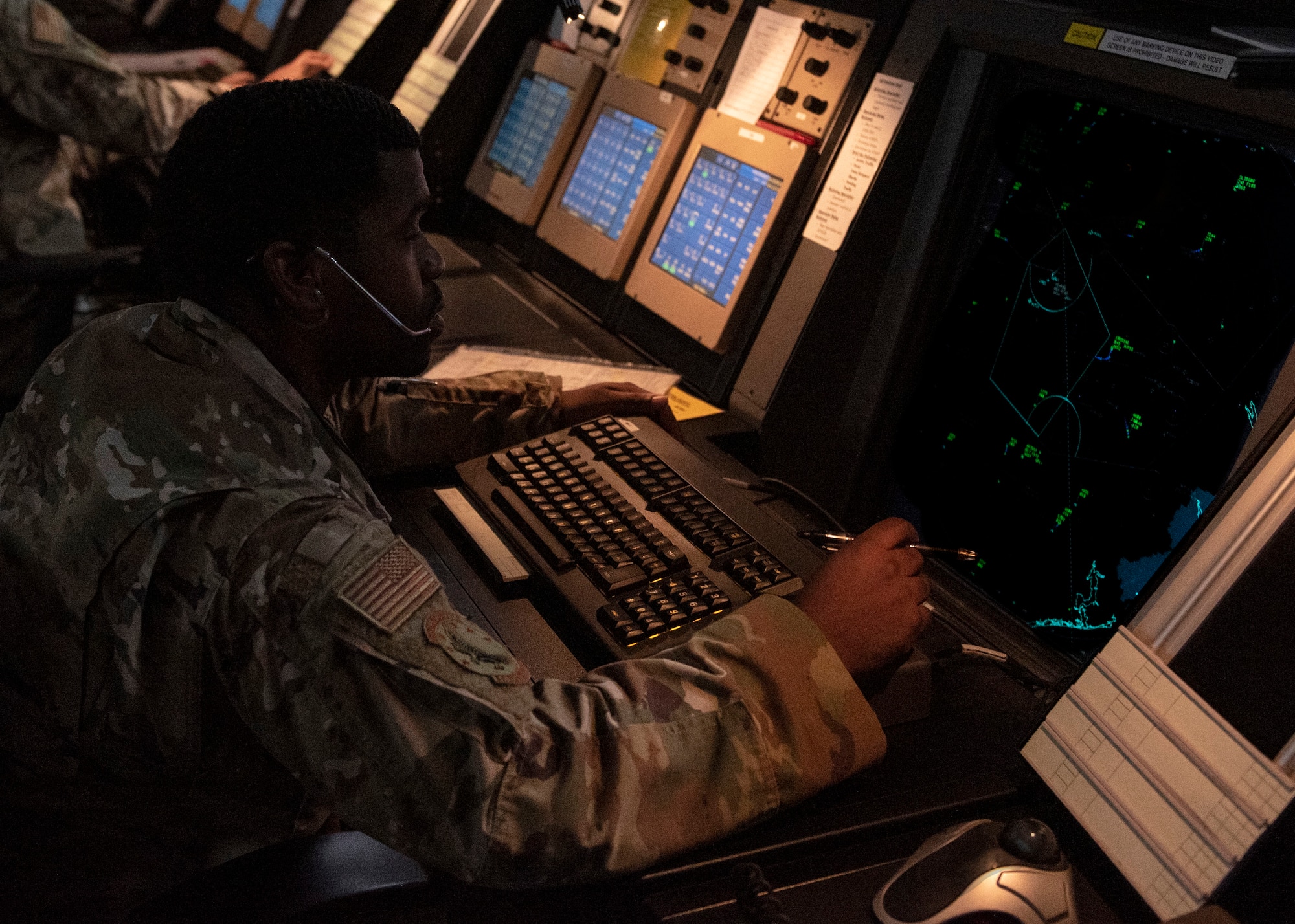 Staff Sgt. Carlton Cotton, 4th Operation Support Squadron air traffic controller watch supervisor, sequences and guides arriving aircraft into Seymour Johnson Air Force Base safely and efficiently at Seymour Johnson AFB, Sept. 10, 2020.