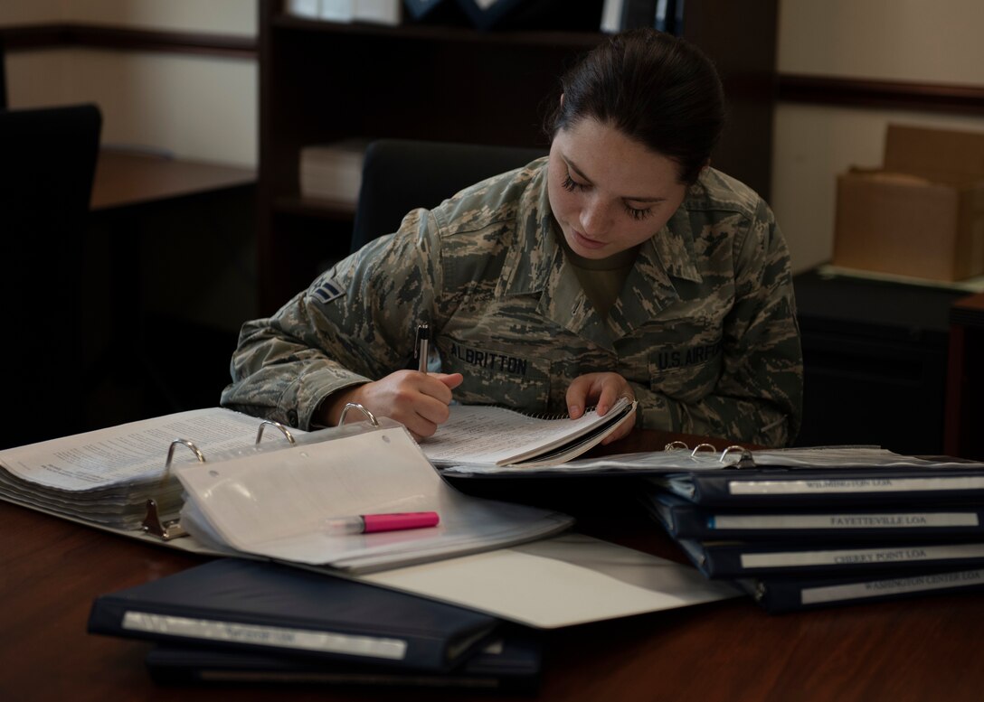 Airman 1st Class TaylorJay Albritton, 4th Operation Support Squadron air traffic controller apprentice studies the local letter of agreement for Seymour Johnson Air Force Base airspace at Seymour Johnson AFB, North Carolina, Sept. 10, 2020.