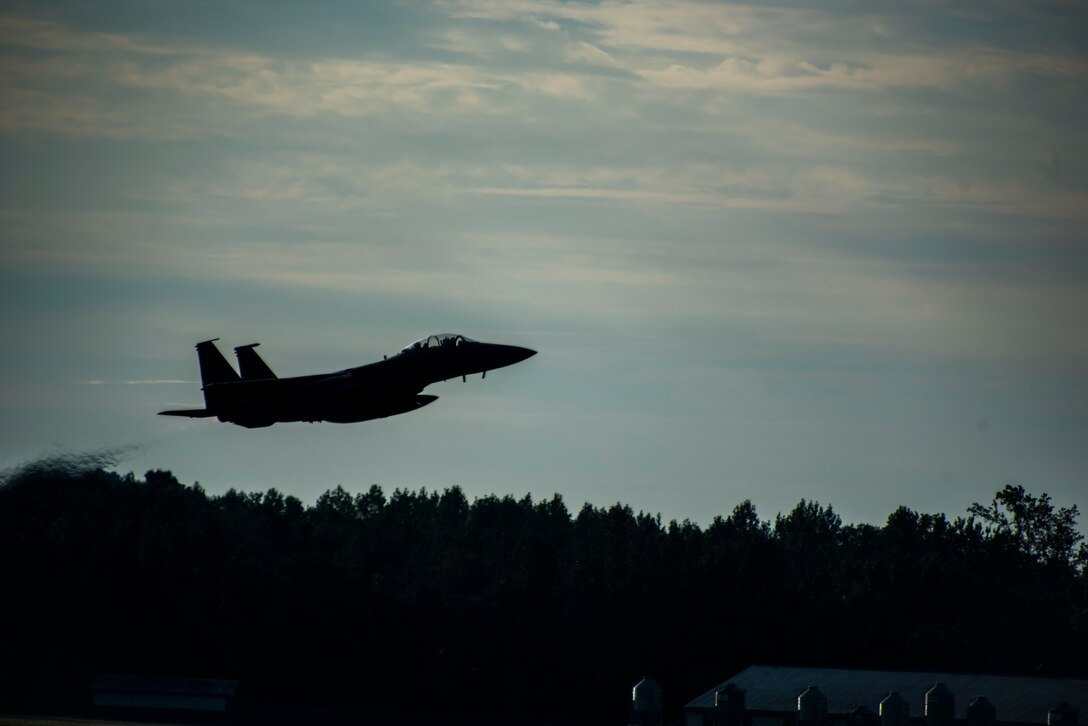 An F-15E Strike Eagle takes off at Seymour Johnson Air Force Base, North Carolina, Sept. 23, 2020.